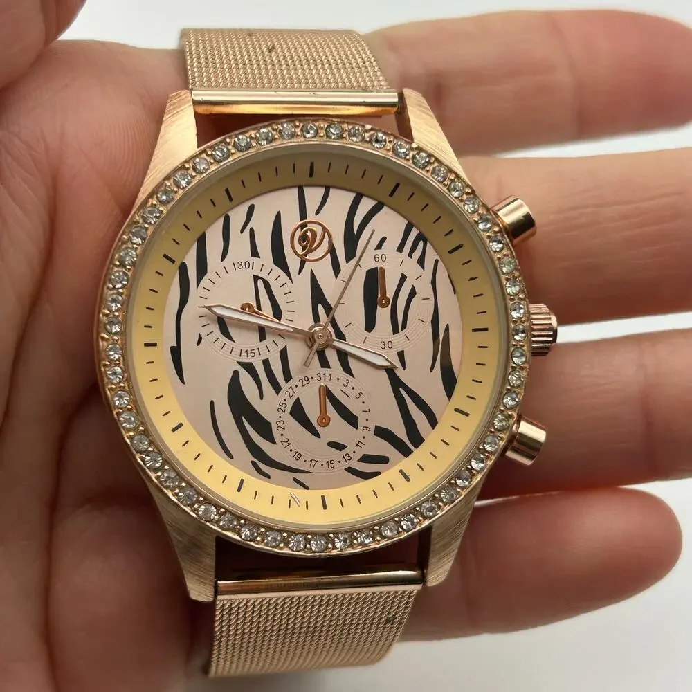 Animal Print Crystal and Gold Metal Face Watch Gold Mesh Band